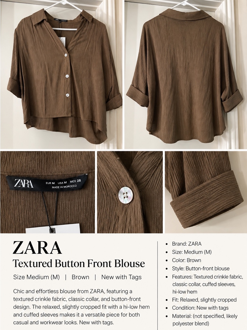 ZARA Textured Brown Button-Front Blouse